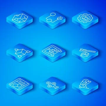 Set line 3D printer software, scanner, Isometric cube, setting, and icon. Vector Ilustração Stock