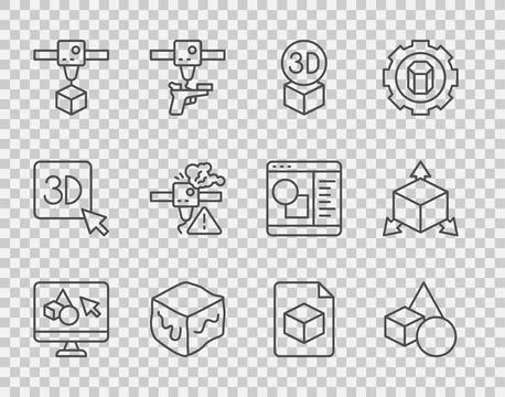 Set line 3D printer software, Basic geometric shapes, Isometric cube, warning Ilustração Stock