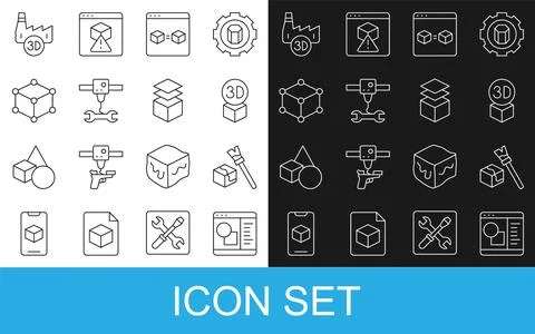 Set line 3D printer software, Isometric cube, perfect copy, wrench spanner Illustrazione stock