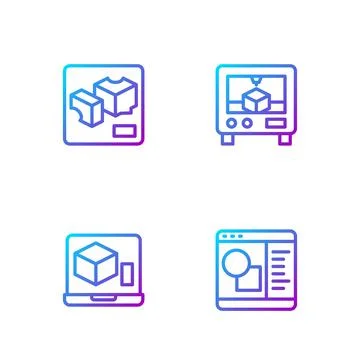 Set line 3D printer software, , and . Gradient color icons. Vector Stock Illustration