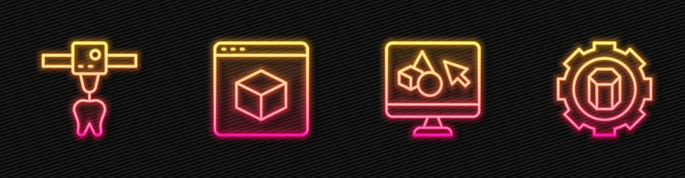 Set line 3D printer software, tooth,  and setting. Glowing neon icon. Vector Stock Illustration