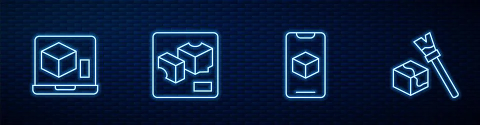 Set line 3D printer software, ,  and Isometric cube. Glowing neon icon on bri Ilustração Stock