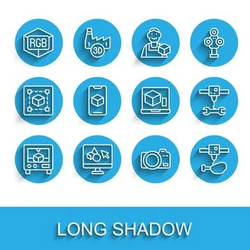 Set line 3D printer, software, RGB and CMYK color mixing, Photo camera, chicken Ilustração Stock