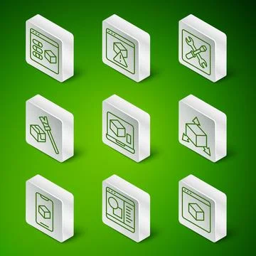 Set line 3D printer, software, Isometric cube, and icon. Vector Ilustração Stock