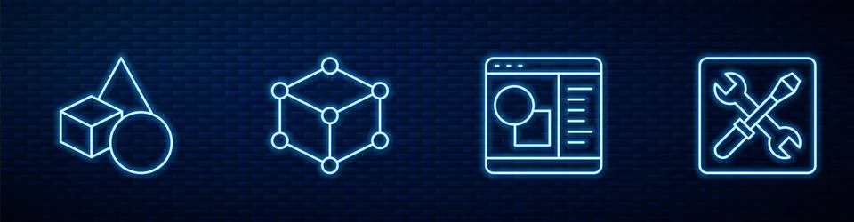 Set line 3D printer software, Basic geometric shapes, Isometric cube and setting Illustrazione stock