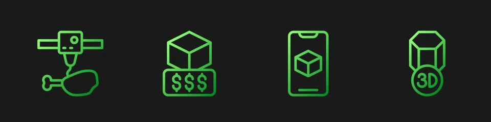 Set line 3D printer software, chicken leg, services and . Gradient color icons Ilustração Stock