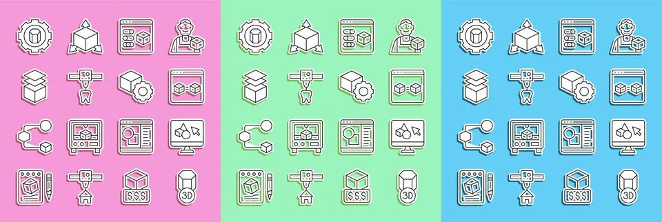 Set line 3D printer, software, perfect copy, tooth, Layers, setting and Ilustração Stock