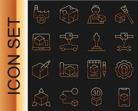 Set line 3D printer software, setting, wrench spanner, Graphic designer, car Ilustração Stock