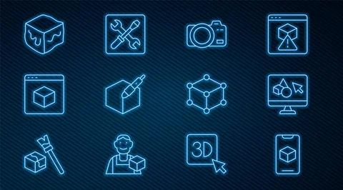 Set line 3D printer software, Photo camera, 3d pen tool, Isometric cube, and Ilustração Stock