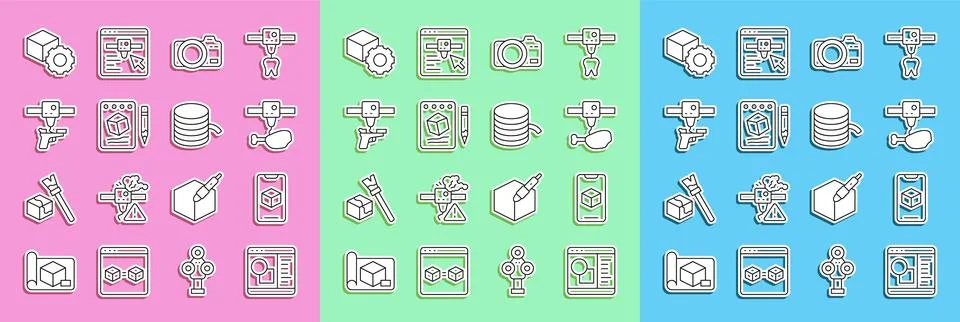Set line 3D printer software, chicken leg, Photo camera, Sketch on paper, gun Ilustração Stock
