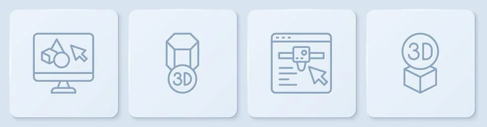 Set line 3D printer software, setting, and Isometric cube. White square button Ilustração Stock