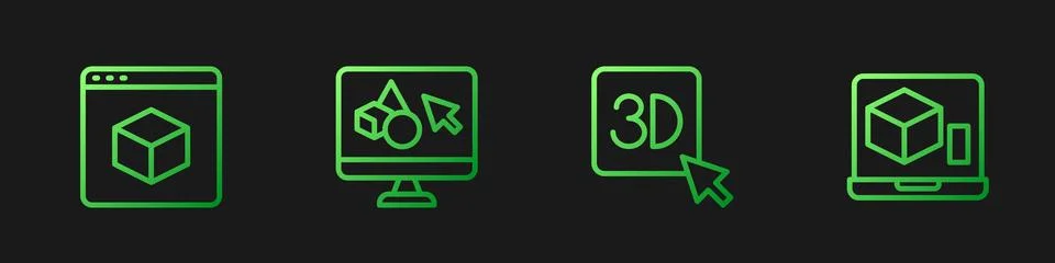 Set line 3D printer, , software and . Gradient color icons. Vector Ilustração Stock