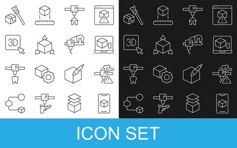 Set line 3D printer software, warning, house, Isometric cube,  and  icon. V.. Ilustração Stock