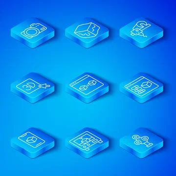 Set line 3D printer software, perfect copy, Photo camera and scanner icon. .. Stock Illustration