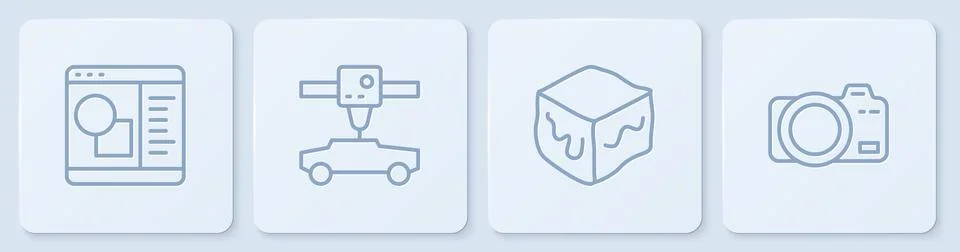 Set line 3D printer software, Isometric cube, car and Photo camera. White s.. Ilustração Stock