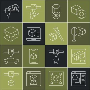 Set line 3D printer software, scanner with cube, Isometric, and icon. Vector Stock Illustration