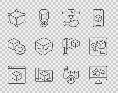 Set line 3D printer, software, chicken leg, Graphing paper for engineering,.. Stock Illustration