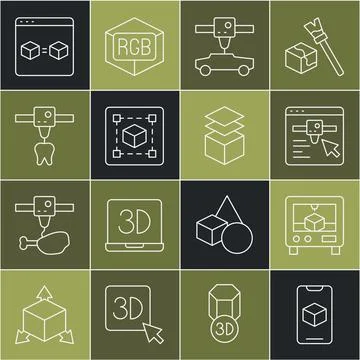 Set line 3D printer software, setting, car, Geometric figure Cube, tooth, p.. Ilustração Stock