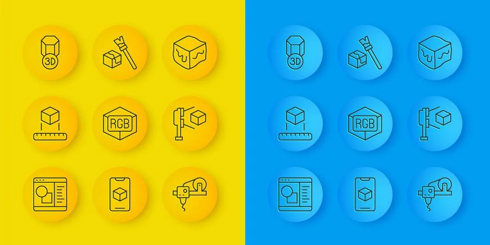 Set line 3D printer software, Isometric cube, RGB and CMYK color mixing, sc.. Ilustração Stock