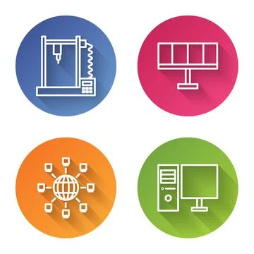 Set line 3D printer, Solar energy panel, Social network and Computer monitor Stock Illustration