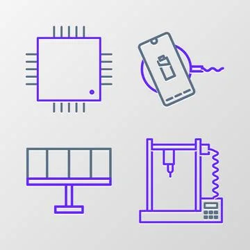 Set line 3D printer, Solar energy panel, Wireless charger and Processor wit.. Stock Illustration