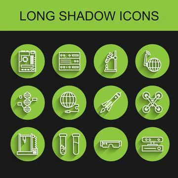 Set line 3D printer, Test tube and flask, Motherboard, Smart glasses, Motion Stock Illustration