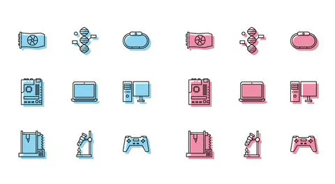 Set line 3D printer, Test tube flask on fire, Video graphic card, Gamepad, La 库存插图