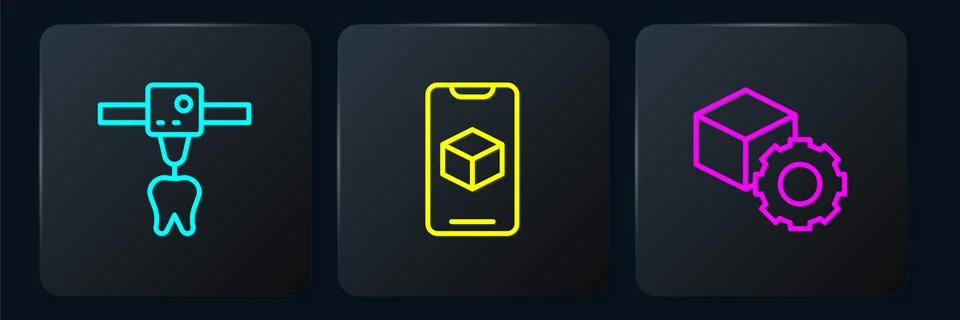 Set line 3D printer tooth, Isometric cube and software. Black square button Ilustração Stock