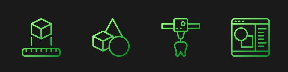 Set line 3D printer tooth, Isometric cube, Basic geometric shapes and software Illustrazione stock