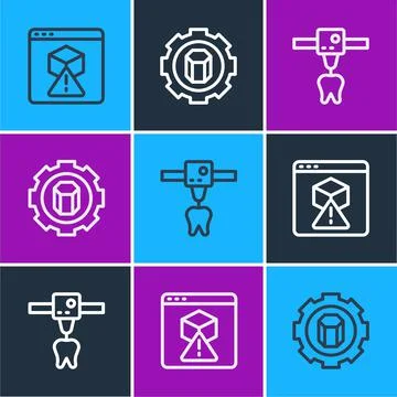Set line 3D printer, tooth and setting icon. Vector Stock Illustration