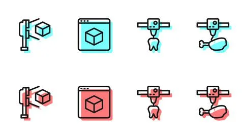 Set line 3D printer tooth, scanner with cube, and chicken leg icon. Vector Stock Illustration