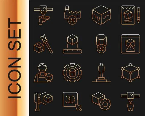 Set line 3D printer tooth, Isometric cube, gun and icon. Vector Stock Illustration