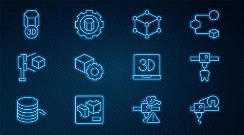 Set line 3D printer, tooth, Isometric cube, scanner with, and setting icon Stock Illustration