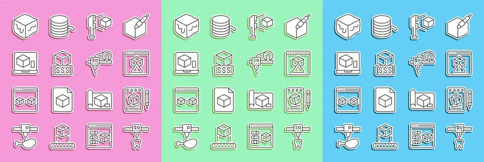 Set line 3D printer tooth, Sketch on paper, scanner with cube, services Stock Illustration