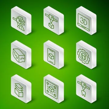 Set line 3D printer tooth, Geometric figure Cube, warning, software, Isometric Ilustração Stock