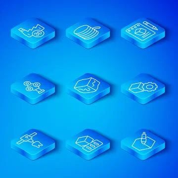 Set line 3D printer tooth, Isometric cube, services, Sketch on paper, scanner Stock Illustration