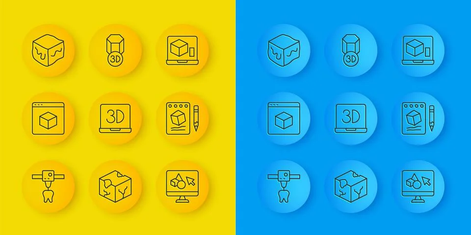Set line 3D printer tooth, software, Sketch on paper, Isometric cube, and icon Ilustração Stock