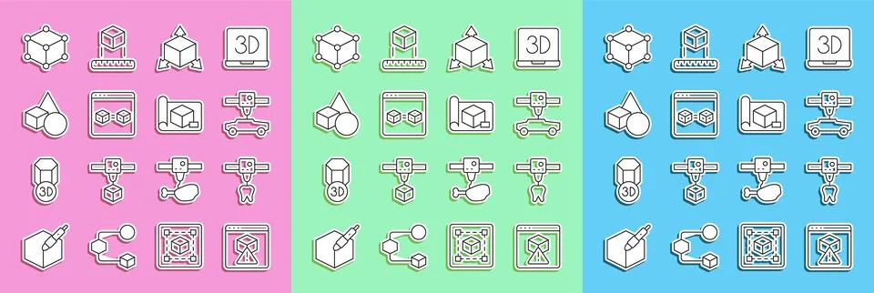 Set line 3D printer, tooth, car, Isometric cube, perfect copy, Basic geomet.. Stock Illustration
