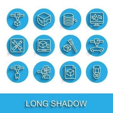 Set line 3D printer tooth, warning, cube, Isometric file, car and  icon. Vect Stock Illustration