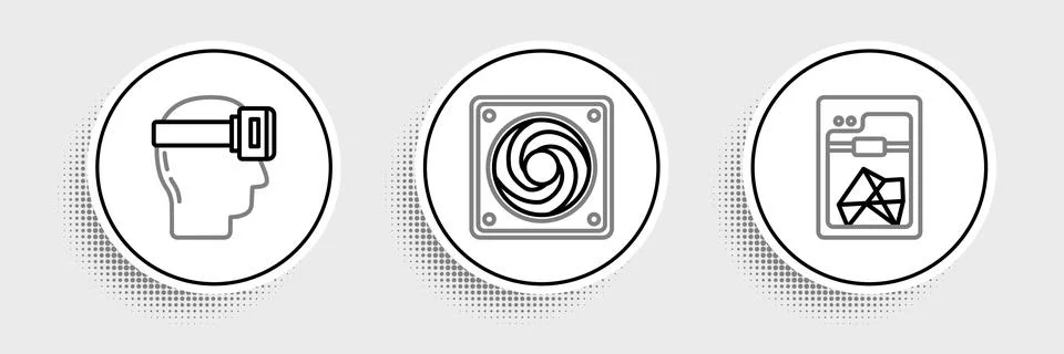 Set line 3D printer, Virtual reality glasses and Computer cooler icon. Vector Stockillustratie