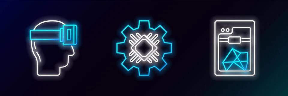 Set line 3D printer, Virtual reality glasses and Processor icon. Glowing neon Stock Illustration
