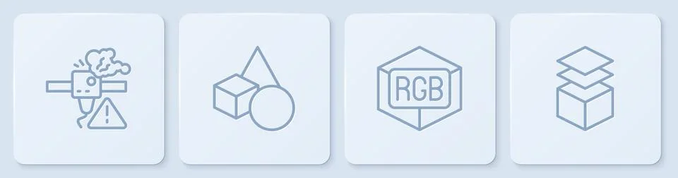 Set line 3D printer warning, RGB and CMYK color mixing, Basic geometric shapes Illustrazione stock