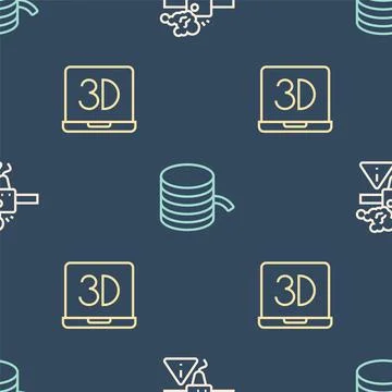 Set line 3D printer warning, and Filament for on seamless pattern. Vector Stock Illustration