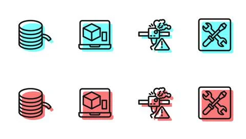 Set line 3D printer warning, Filament for, and setting icon. Vector Illustrazione stock