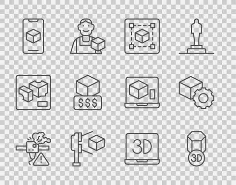 Set line 3D printer warning, Geometric figure Cube, scanner with cube, software Ilustração Stock