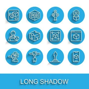 Set line 3D printer warning, tooth, model, software, Isometric cube,  and Geo Ilustração Stock