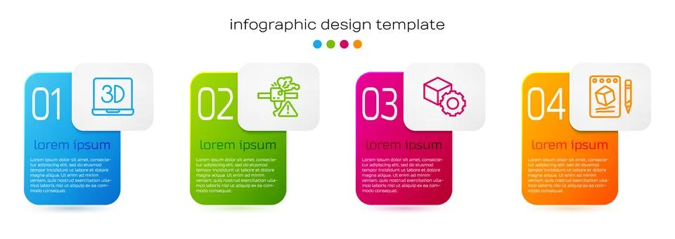 Set line 3D printer, warning, Isometric cube and Sketch on paper. Business .. Stock Illustration