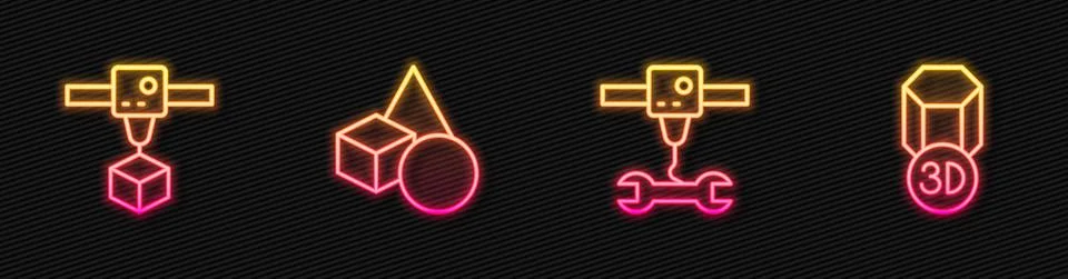 Set line 3D printer wrench spanner, cube, Basic geometric shapes and . Glowing Illustrazione stock