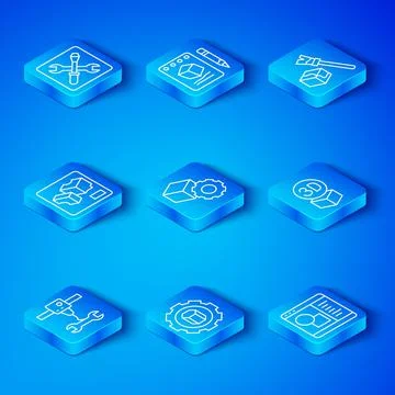 Set line 3D printer wrench spanner, Isometric cube, setting, and software icon Ilustração Stock