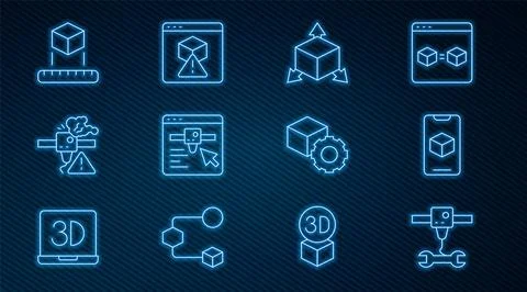 Set line 3D printer wrench spanner, software, Isometric cube, setting, warning Ilustração Stock